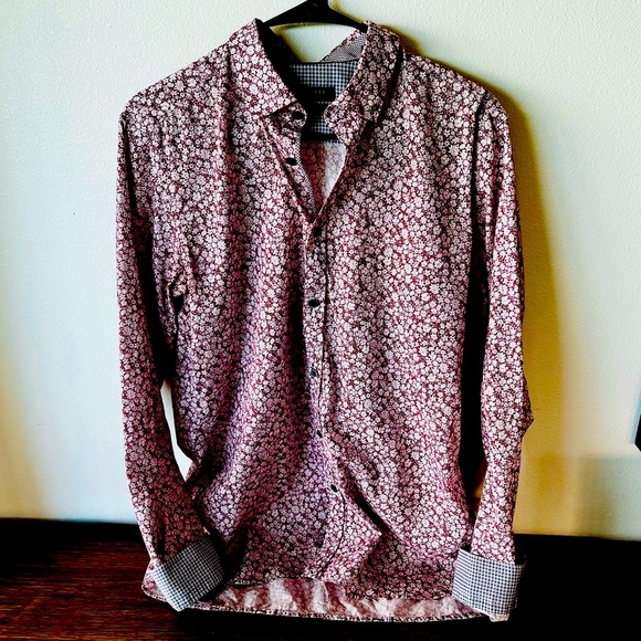 Ted Baker London Modern Fit Men’s Button Down Red Floral Pattern Flip Cuff Sz 16 - Picture 2 of 7